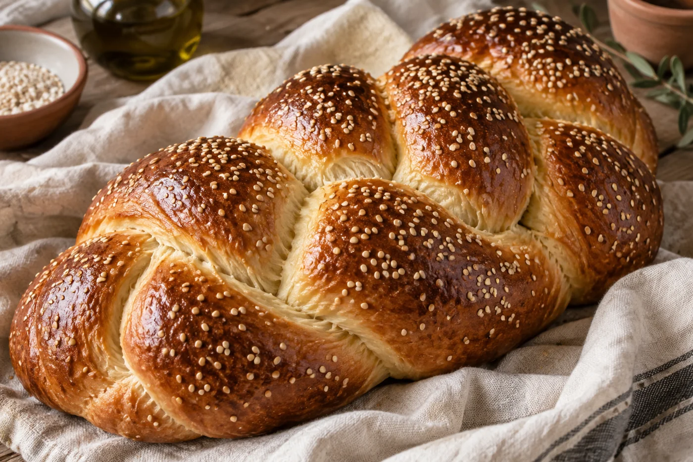 Glossy braided challah scattered with sesame seeds